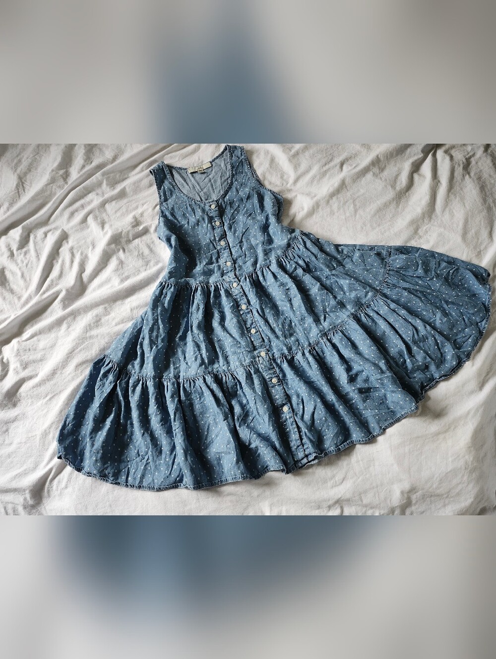 Thread & Supply Light Blue Polka Dot Button-Front Tiered Mini Dress